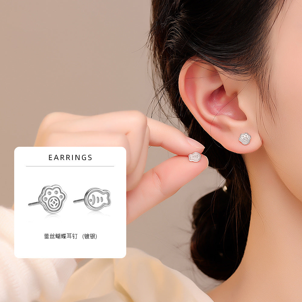 S925 通體貓爪小魚耳釘女時尚簡約小眾可愛輕奢百搭高級感耳飾