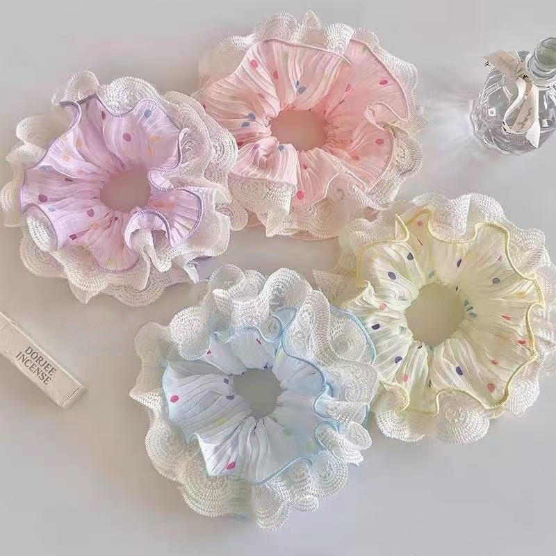 黃色蕾絲波點髮圈－商品主圖｜https://igowo.tw/