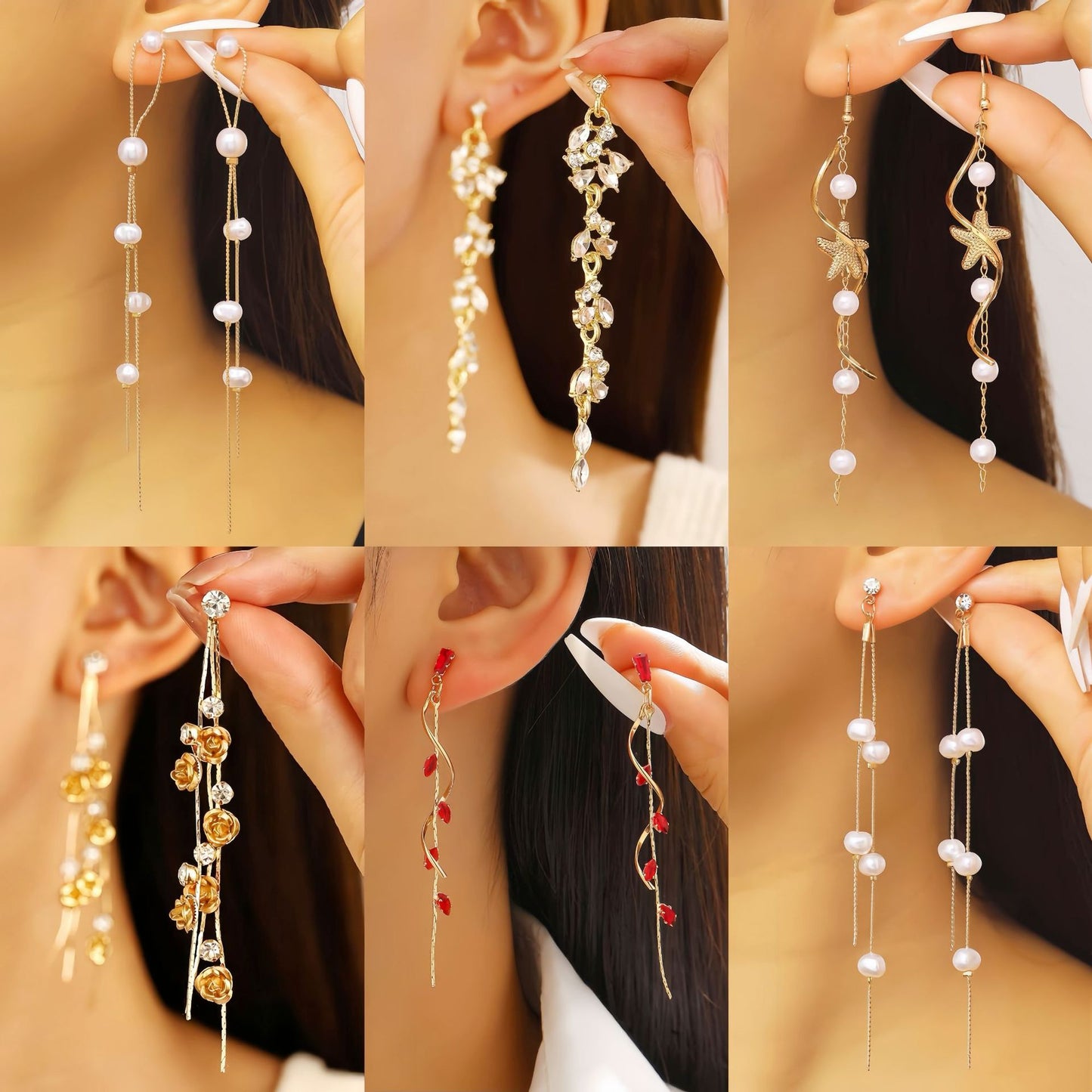 金屬樹葉花朵流蘇耳釘－商品主圖｜https://igowo.tw/