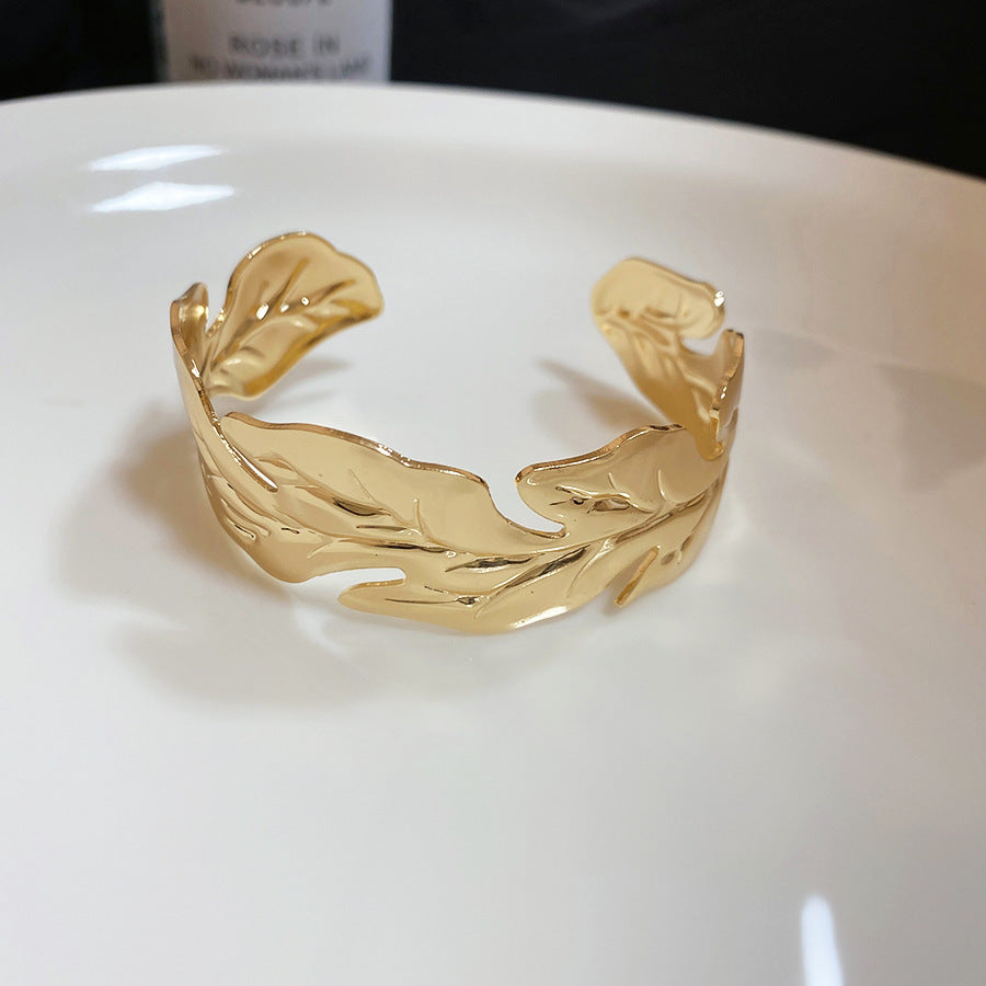 歐美金屬樹葉紋路開口手鐲個性夸張簡約時尚手環輕奢高級感手飾女