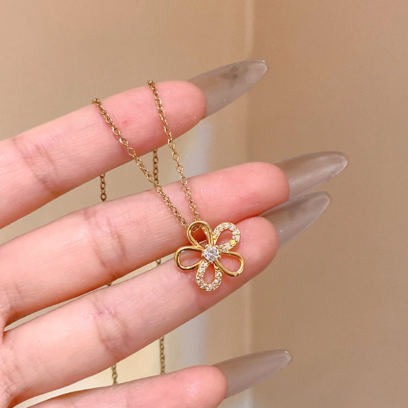 韓系簡約鏤空閃鋯花朵項鏈