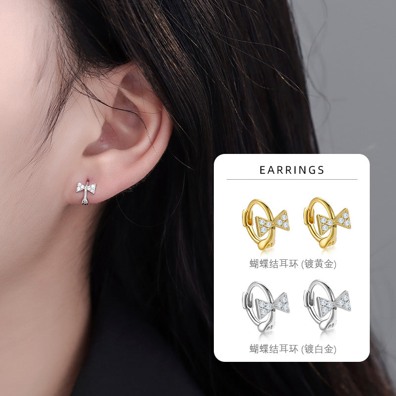 S925 甜美鑲鑽蝴蝶結耳環女日韓簡約可愛森系小巧精致百搭耳扣