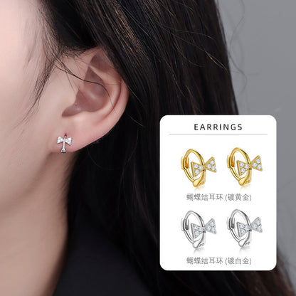 S925 甜美鑲鑽蝴蝶結耳環女日韓簡約可愛森系小巧精致百搭耳扣