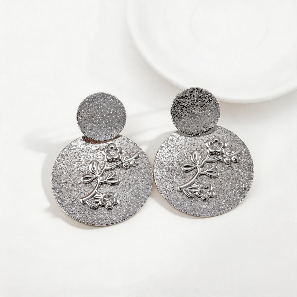 花朵圓形磨砂復古耳環