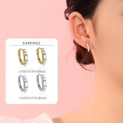 S925 不規則一字排鑽耳扣女歐美外貿幾何鋯石輕奢感耳環