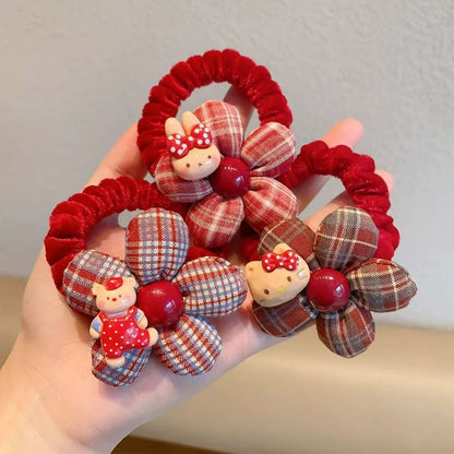 紅色格紋花朵髮圈－商品主圖｜https://igowo.tw/