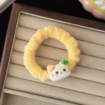 黃色絨面貓咪卡通髮圈