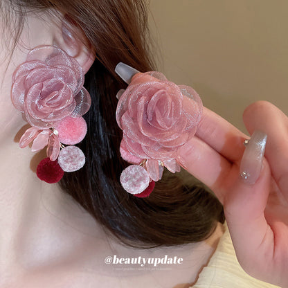 網紗毛錢珍珠樹脂花朵耳環韓國甜美少女心耳墜時尚日常百搭耳飾