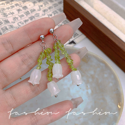 綠色串珠花朵流蘇耳環