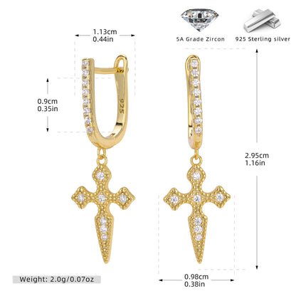 S925 新款耳墜時尚個性鑲鋯十字架耳飾輕奢百搭小眾飾品女