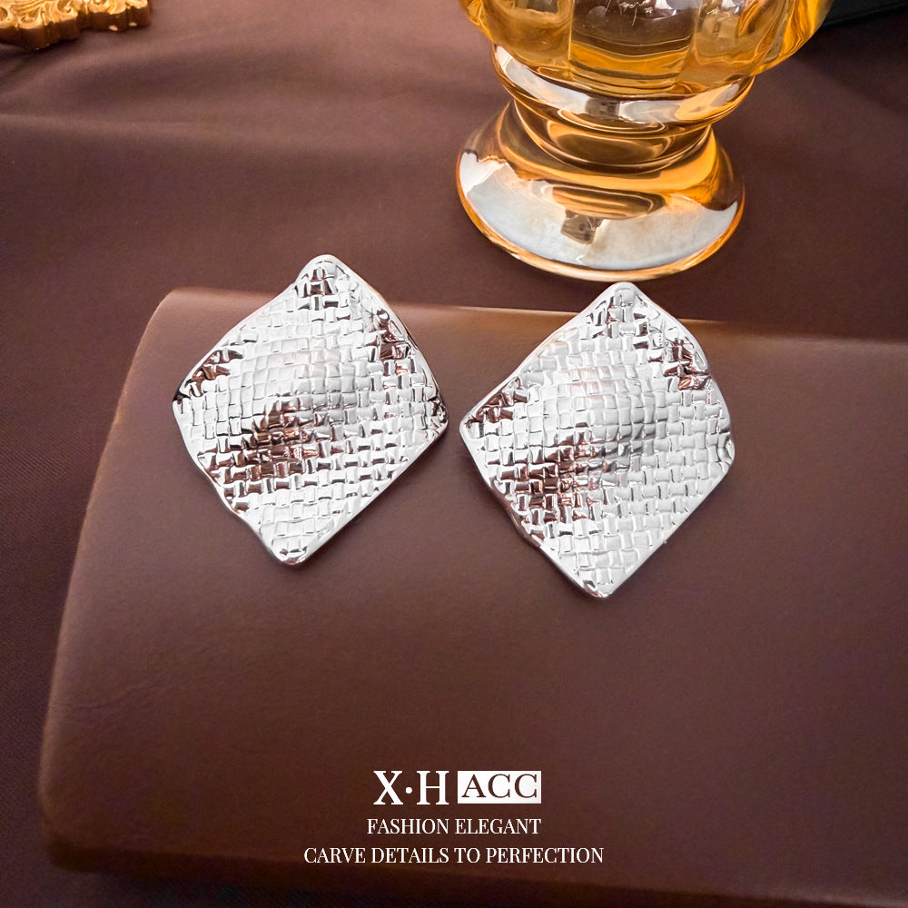 銀針格紋簡約耳釘