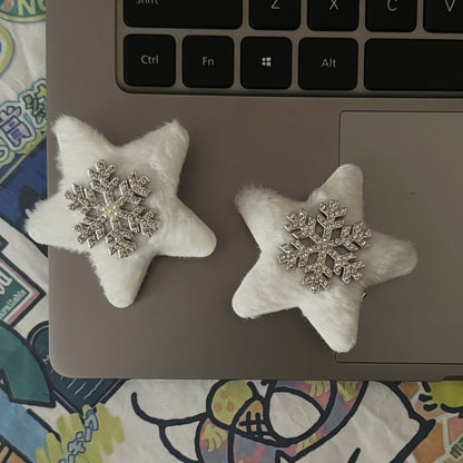 白色絨面雪花星星髮夾－雪花水鑽髮夾款實拍｜https://igowo.tw/