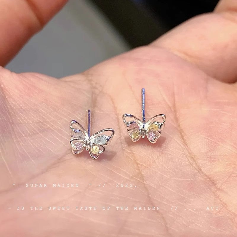 S925彩色鋯石蝴蝶小巧耳釘