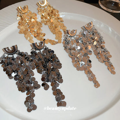 銀針U形團簇亮片長款流蘇耳環歐美重金屬風高級感耳墜耳飾批發女