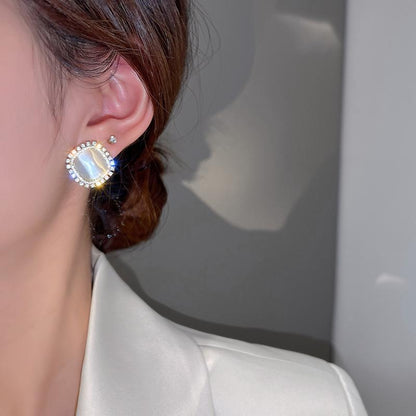 真金電鍍銀針貓眼石幾何方形耳環女韓國高級感時尚耳釘輕奢耳飾女