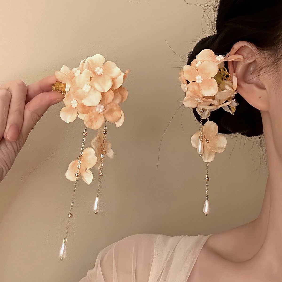 早春超仙度假風布藝花朵珍珠發夾高級感精致鴨嘴夾時尚甜美發飾女