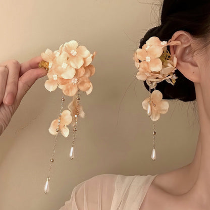 早春超仙度假風布藝花朵珍珠發夾高級感精致鴨嘴夾時尚甜美發飾女