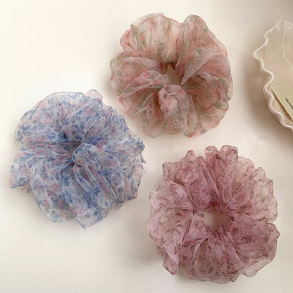 網紗碎花復古髮圈－藍色碎花款細節｜https://igowo.tw/