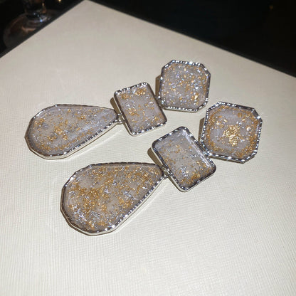 銀針樹脂方形水滴吊墜耳釘復古輕奢高級感耳環歐美跨境夸張耳飾女