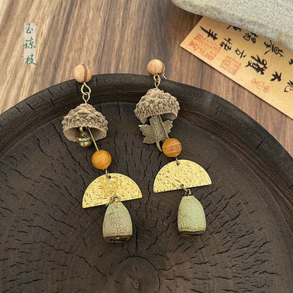 銀針民族風木頭楓葉松果吊墜耳環復古時尚氣質耳釘小眾設計感耳飾