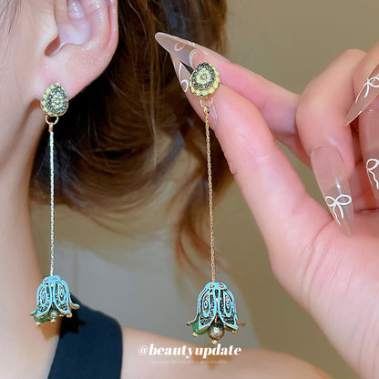 銀針滴油鑲鉆水滴花朵流蘇吊墜耳環復古氣質耳釘輕奢高級感耳飾女