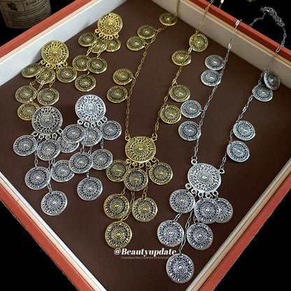 銀針圓形紋路流蘇吊墜耳環項鏈套裝歐美百搭鎖骨鏈小眾設計感飾品