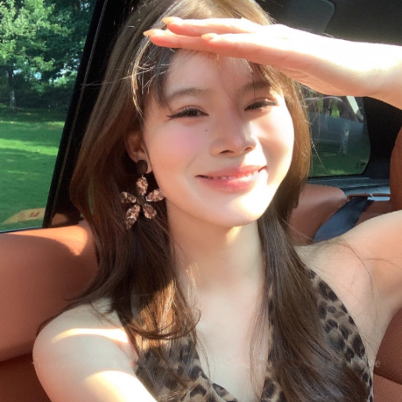銀針美拉德樹脂暈染豹紋花朵吊墜耳環輕奢高級感耳釘復古小眾耳飾