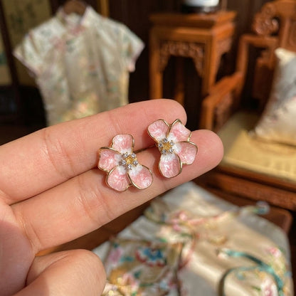 銀針花朵鑲鑽耳環