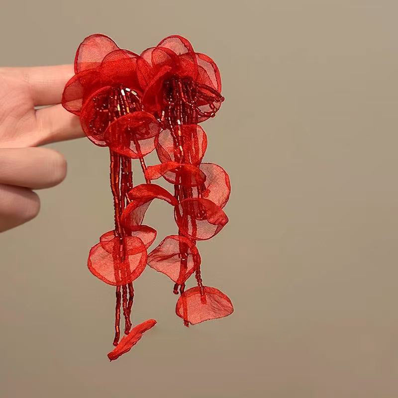 紅色花朵圓片流蘇耳環－25#耳鉤-紫色款細節17｜https://igowo.tw/