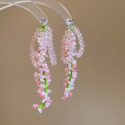 繽紛花朵圓形編織耳釘－7#銀針-綠色款細節｜https://igowo.tw/