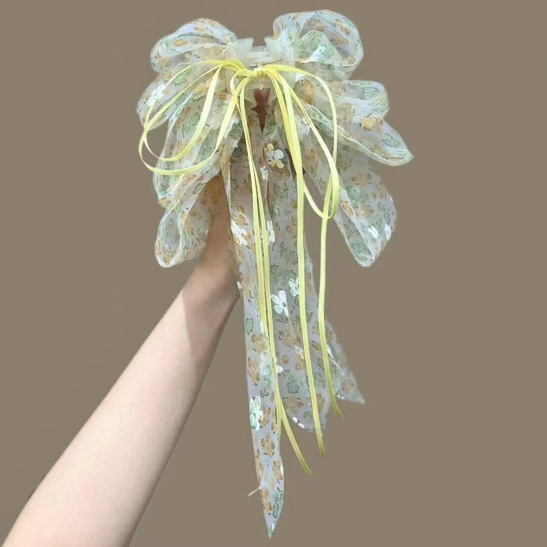 網紗波點蝴蝶結鯊魚夾－2#黃色-抓夾款實拍｜https://igowo.tw/