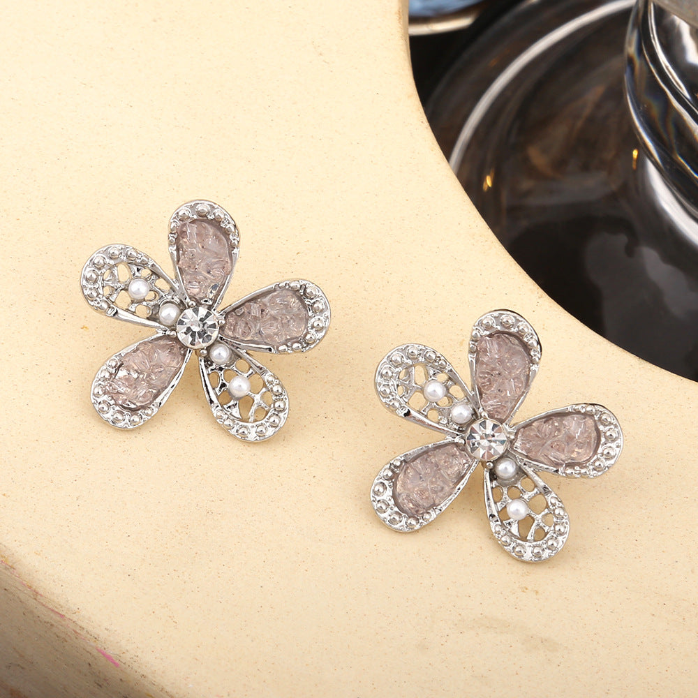 鋯石銀針花朵耳釘