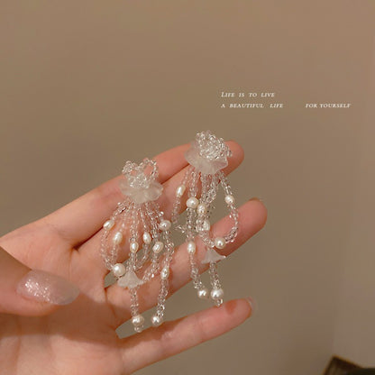 銀針鑲鉆蝴蝶花朵長款流蘇耳環時尚氣質高級感耳墜百搭耳飾女