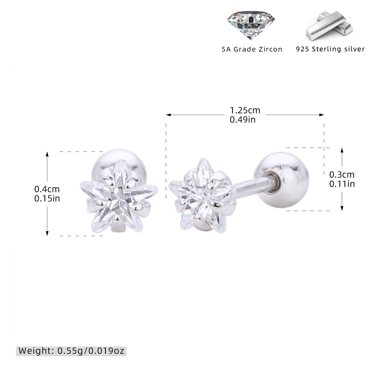 S925 五角星星鋯石耳釘女款簡約小巧氣質擰帽螺紋耳骨蝸釘飾品