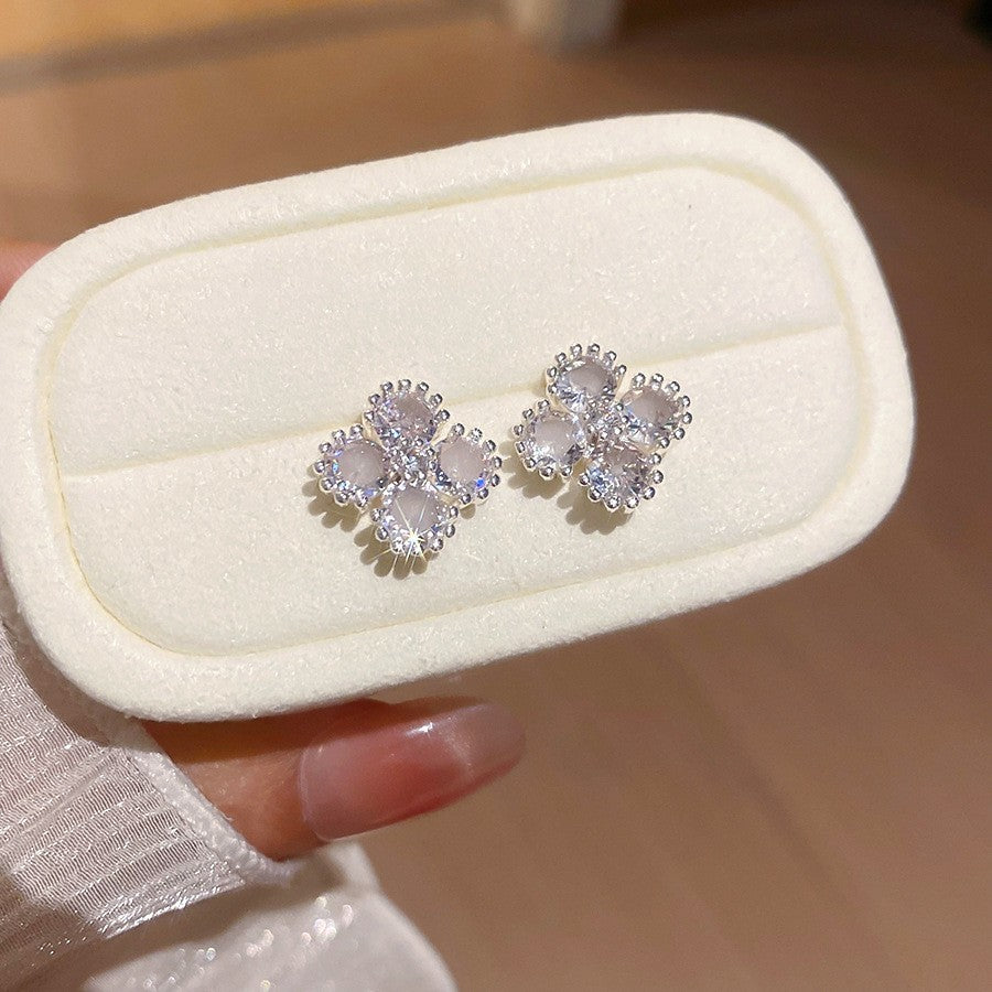 韓系ins風銀針鋯石花朵耳釘甜美優雅日常通勤耳環輕奢高級感耳飾