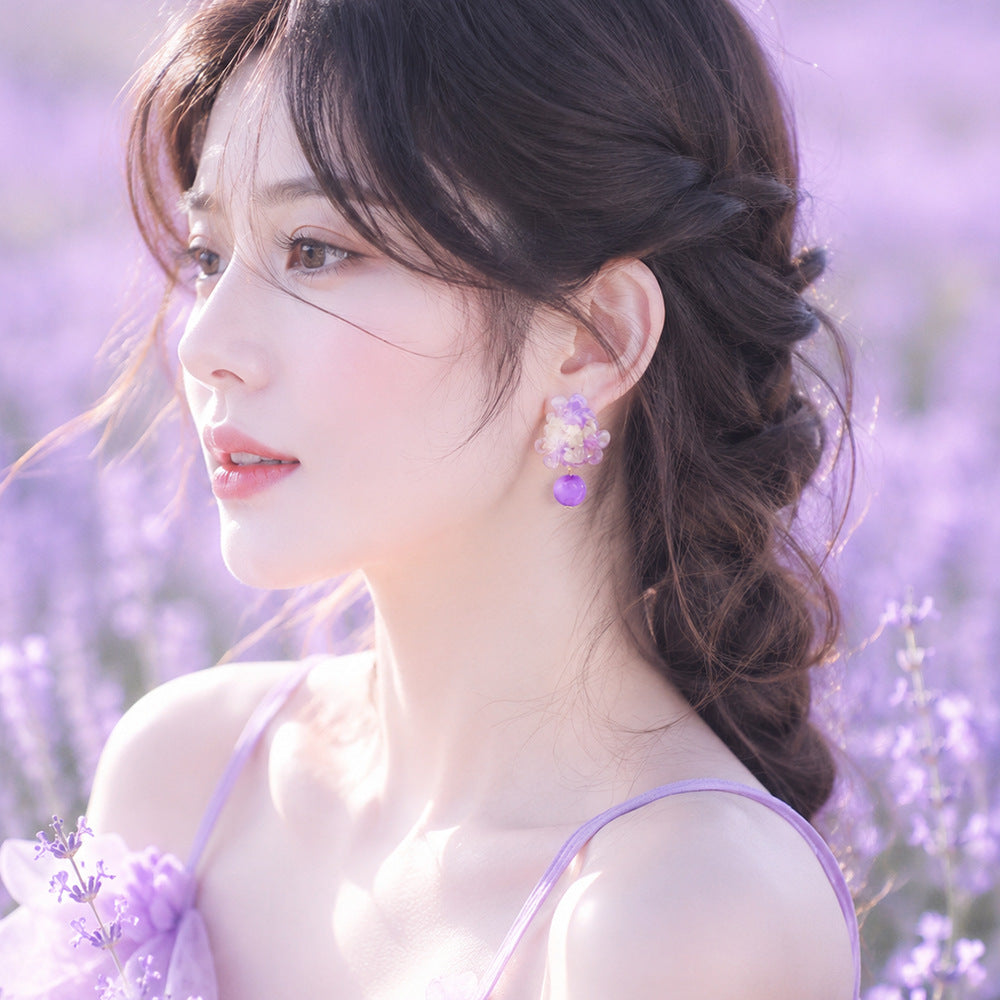 漸層銀針花朵耳釘－2/紫色款實拍｜https://igowo.tw/