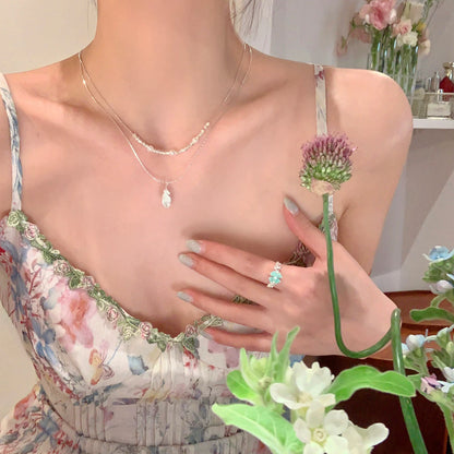 珍珠鋯石羽毛墜飾項鍊