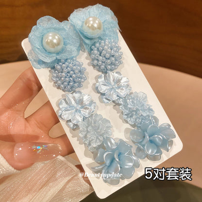 銀針花朵珍珠藍色耳釘套裝清新超仙耳環輕奢高級感耳飾設計感小眾