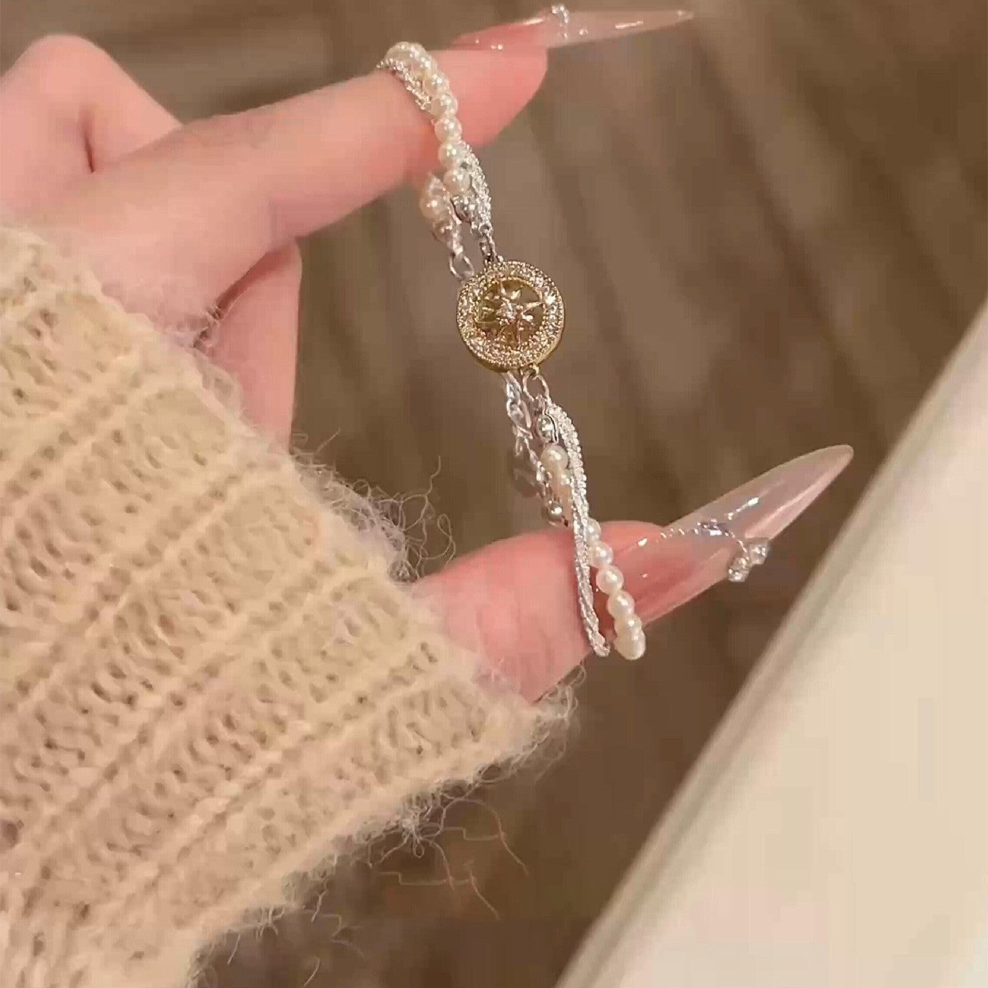 曼塔玫瑰鑲鉆珍珠手鏈精致優雅日常通勤百搭手環輕奢高級感手飾女