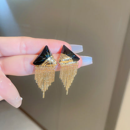 銀針幾何鏈條流蘇耳環歐美時尚高級感長款耳釘重個性夸張耳飾批發