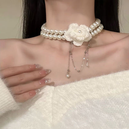 珍珠花朵雙層復古項鍊－商品主圖｜https://igowo.tw/