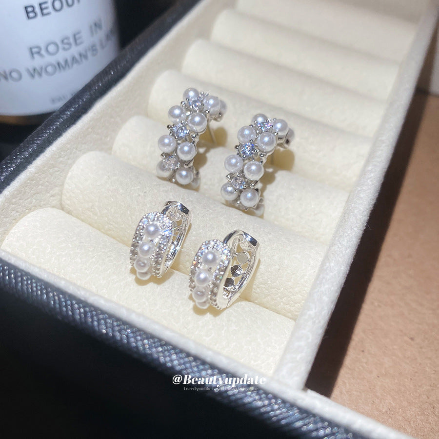 銀針鋯石雙層C形珍珠耳釘法式復古優雅氣質耳環輕奢高級感耳飾女