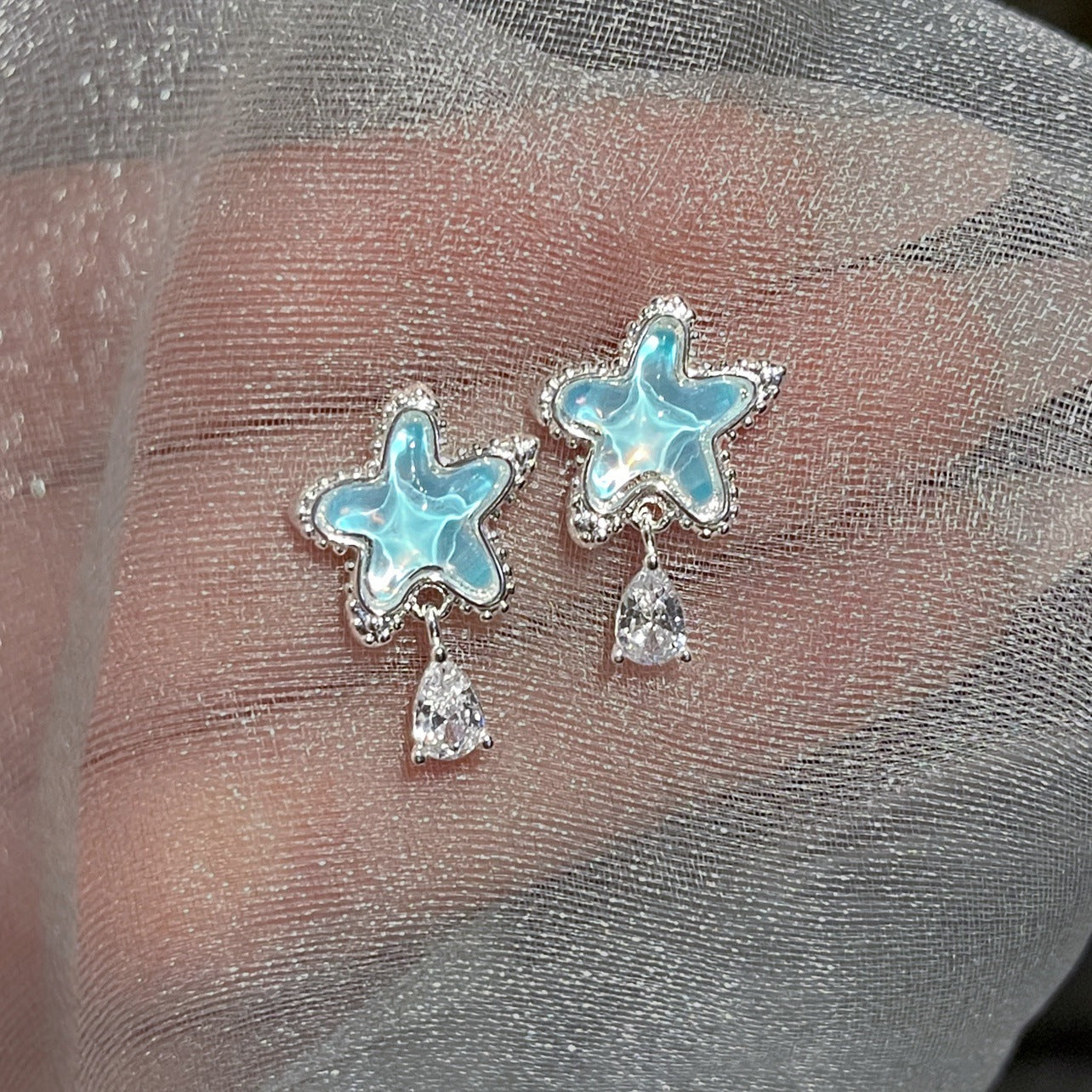 銀針鑲鉆樹脂星星水滴流蘇耳環小清新甜美小眾耳釘輕奢高級感耳飾