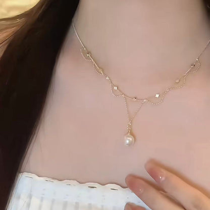 韓系簡約氣質鋯石幾何珍珠項鏈輕奢高級感鎖骨鏈時尚精致小眾項飾