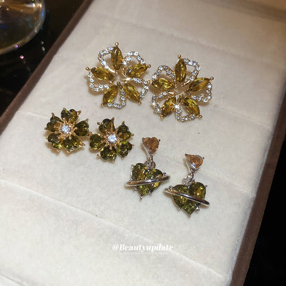 銀針不規則鑲鉆墨綠花朵耳釘復古精致氣質耳環輕奢高級感耳飾批發