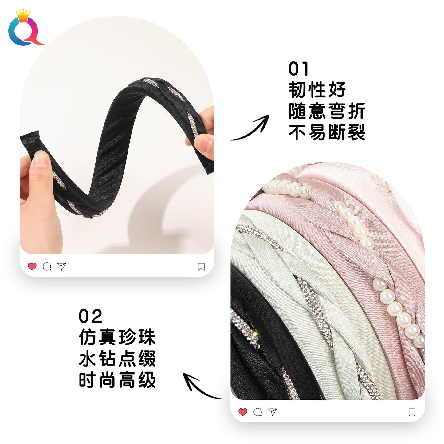珍珠鋯石扭紋髮箍－珍珠辮髮箍-米白款實拍｜https://igowo.tw/
