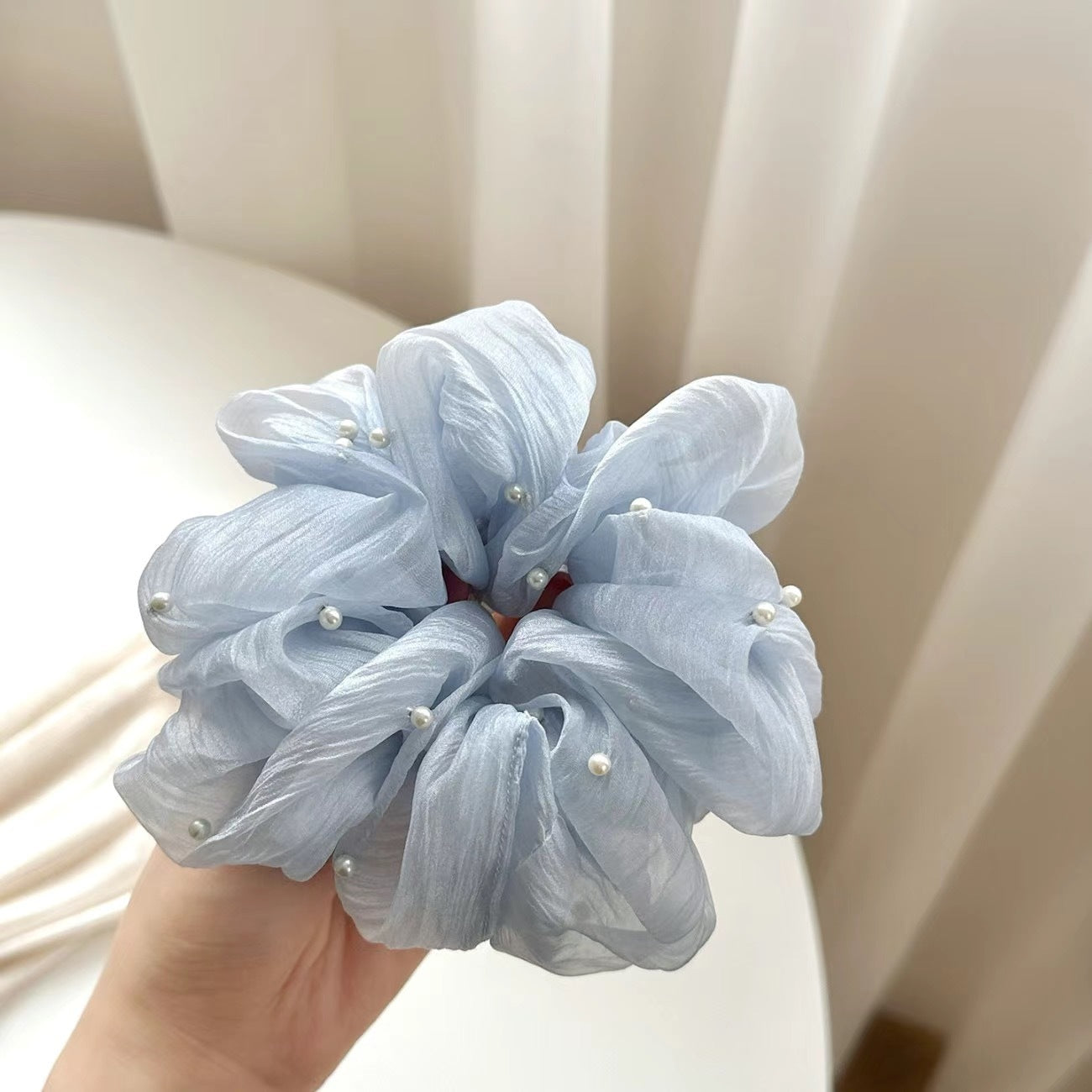 網紗彈力繩大腸圈髮圈－海鹽藍色款細節1｜https://igowo.tw/