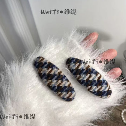 撞色針織格紋復古髮夾