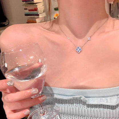 鋯石花朵項鍊－項鍊-銀色-藍色款實拍｜https://igowo.tw/