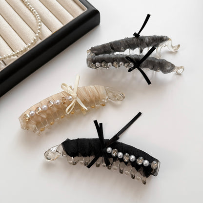 珍珠網紗纏繞精雕髮夾－灰色款細節｜https://igowo.tw/